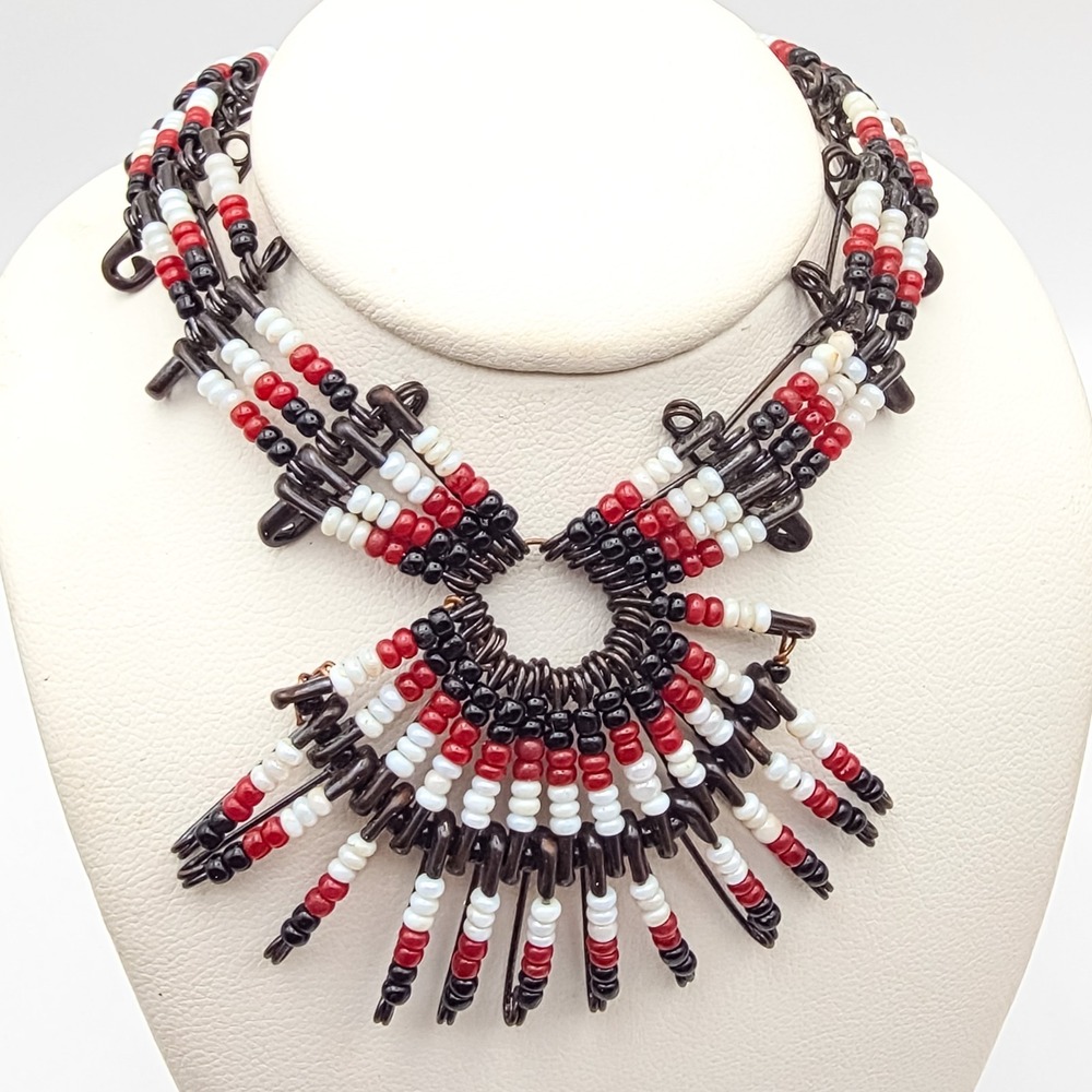 Vintage Handmade Safety Pin 27" Necklace Beaded Red Black White 1.7" Drop